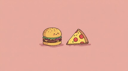 Adorable cartoon burger and pizza slice on pink background perfect for food blogs menus and kids products