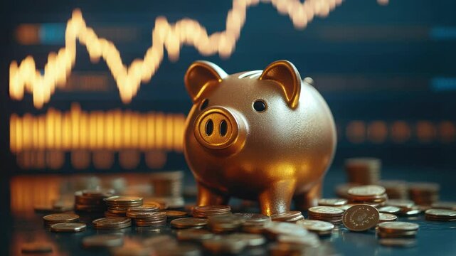 Golden piggy bank and coins with financial chart background