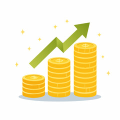 Financial Ascent: Illustrative depiction of financial growth, featuring ascending stacks of gold coins alongside a green arrow, symbolizing progress, investment, and economic prosperity.