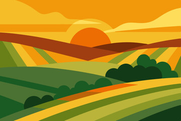 Obraz premium Sunset Over Rolling Hills A Vibrant Landscape Illustration