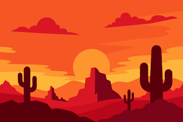 Sunset Desert Landscape Fiery Hues and Silhouetted Cacti