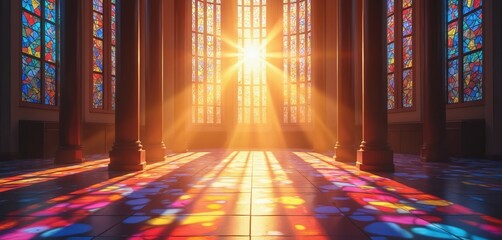 Sun rays pierce through vibrant stained-glass window. Light casts mosaic of colors on hallowed church floor. Architectural religious design, cathedral interior with stained glasses, beams sun light,