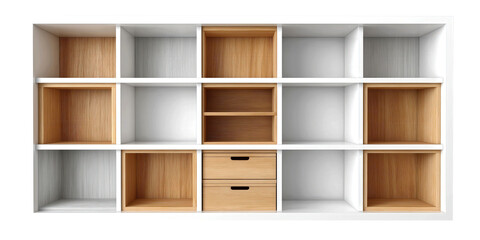 Top view of wall-mounted bookshelf with white frame and wood compartments
