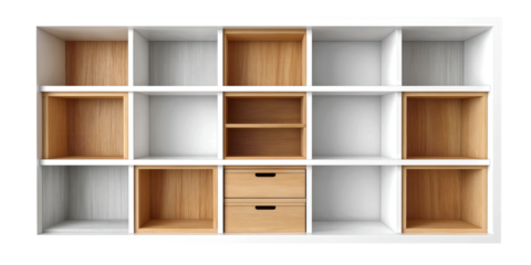 Top view of wall-mounted bookshelf with white frame and wood compartments
