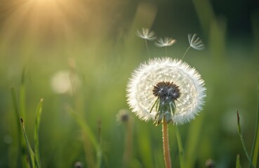 Close-up photo of fluffy dandelion flower with seeds blowing away. White head and stem, green grass background. Botany, ecology, nature, spring. Floral themes.