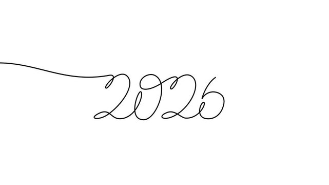2026 is written in one continuous line on a white background, New Year 2026 animation