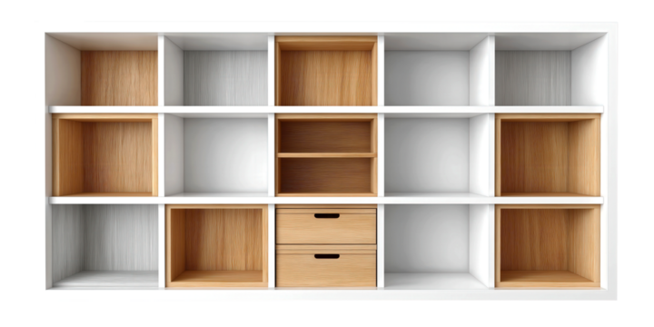 Top view of wall-mounted bookshelf with white frame and wood compartments
