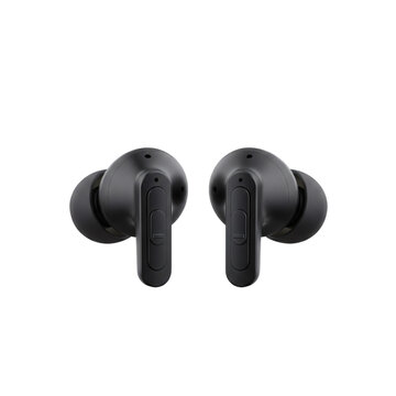Black wireless earbuds, isolated on transparent background