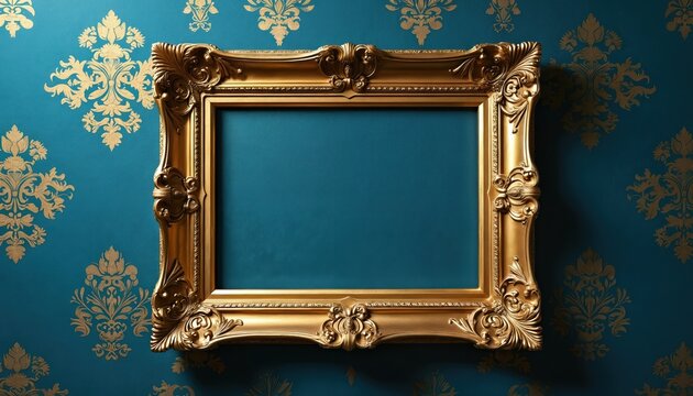 Ornate gold frame on blue damask pattern background. Vintage style, antique elegant design. Luxurious decor, wall art. Classic style, textured design, empty picture display, for art gallery interior - Powered by Adobe