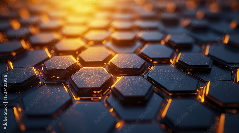 Poster shiny hexagonal modules create mesmerizing pattern with warm golden light reflecting off