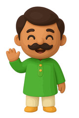 Cheerful Cartoon Man Waving Hand Wearing Green Kurta Pajama Indian Traditional Clothing