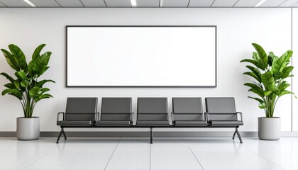 Blank wall mockup in modern airport terminal interior with clean seating layout