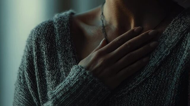 Cinematic close up capturing delicate female hand resting softly against chest, expressing profound emotional vulnerability with gentle, introspective body language and intimate, moody atmosphere