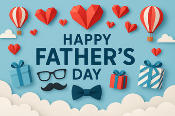 Fathers Day Greeting Card with Clouds Balloons and Gift Icons