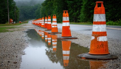 Orange traffic cones line a wet road