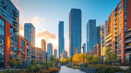 Naklejka premium Tall buildings in South Loop, Chicago cityscape view, modern urban skyline with high-rise architecture