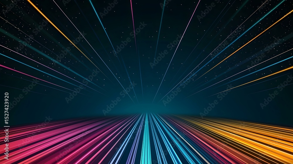 Wall mural the image contains a dark background with numerous colorful lines radiating outwards from a central 