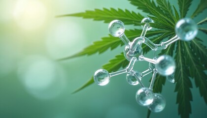 Molecular structure cannabis compound THC. Transparent molecules over cannabis leaf. Scientific medical illustration plant chemistry, potential uses in health. Cannabis sativa research concept.