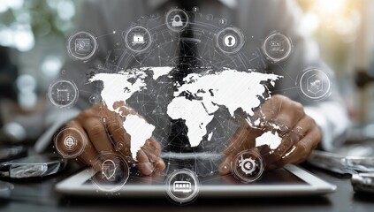 Businessperson using tablet with global map overlay and tech icons