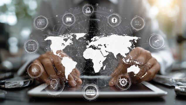 Businessperson using tablet with global map overlay and tech icons