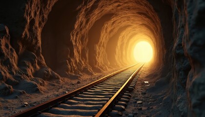 Naklejka premium 3D render tunnel. Ancient gold mine passage. Rail track leads to bright light. Structure carved stone rock. Subterranean exploration, mining concept, heritage, design, industrial. Light at end of