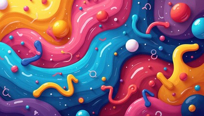 Fototapeta premium Abstract colorful illustration features vibrant swirling shapes, forms, colors. Vivid dynamic artwork with highlights, shadows, reflections, reminiscent of liquid art with geometric shapes. Modern