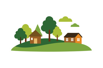 Isolated village scene with tall green trees around vector art illustration
