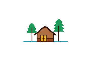 Minimal cabin and twin trees in quiet forest layout vector art illustration