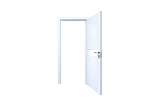 White interior door slightly open against a black background showing a doorframe and door handle