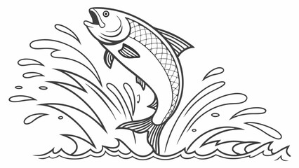A Jumping Fish with Water Splashes in Outlined Illustration