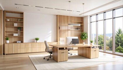 Modern minimalist office interior with wooden furniture, shelves, and computer desk