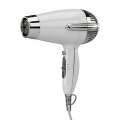 Sleek white hair dryer with chrome accents and power settings control isolated on transparent background PNG