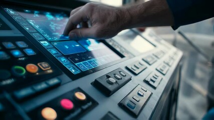 Engineer uses a complex control panel featuring a touchscreen and various buttons, possibly managing a sophisticated system or process in an advanced technological environment