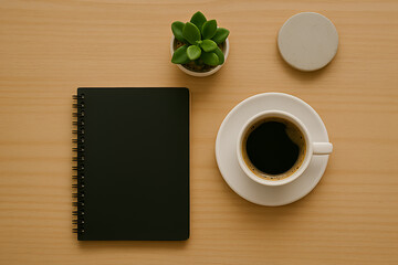 top view workspace wooden background
