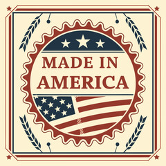 Made in America patriotic seal with stars, stripes, and wheat.