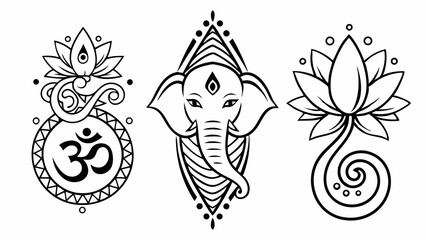 Obraz premium Stylized Ganesha, Om Symbol, and Lotus Flower Illustrations in Black and White
