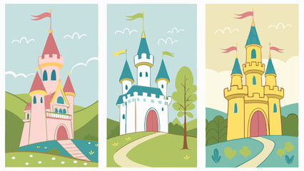 Colorful Cartoon Castles with Flags, Paths, and Greenery in a Row