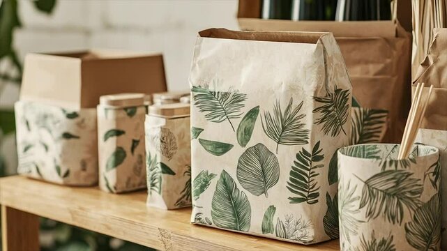 Eco-friendly paper bags with tropical leaf designs on wooden shelf