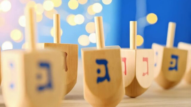 Wooden dreidels with Hebrew letters arranged on a surface with bokeh lights in the background, symbolizing Hanukkah.