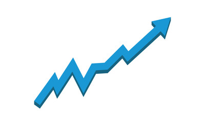 Flat blue arrow graph going up consistently represents trading profit, business growth, economic boom, and financial surplus. Simple vector illustration symbol design.