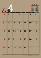 日曜始まり壁掛けカレンダー令和8年 2026年4月　カレンダー素材　クラフト紙　テンプレートデータ