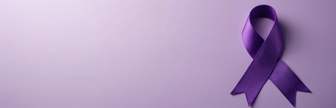 Purple ribbon banner against a purple background. Symbol of awareness for Alzheimer disease and epilepsy. Ribbon represents support hope for those affected by the diseases. - Powered by Adobe