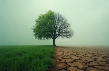 Solitary tree, vibrant green leaves one side, bare branches other. Dichotomy, contrast of rich green field and barren cracked earth evokes global warming, climate change metaphor.