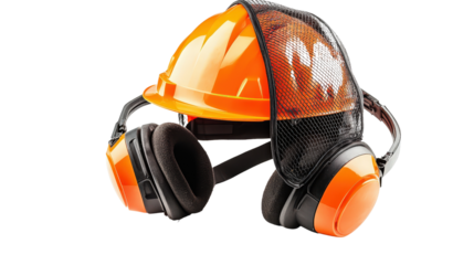 Chainsaw helmet with mesh visor and earmuffs, forestry safety set, Transparent background, PNG file