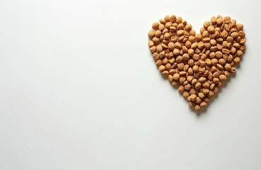 Heart-shaped arrangement of dry pet food on white. Granulated food for dogs, cats. Healthy meal, nutritious snack. Dietary, balanced nutrition. Love, care for pets. Top view.