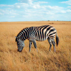 Naklejka premium Zebra grazing in the savannah africa wildlife photography open grassland close-up view nature conservation