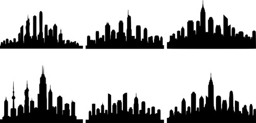 Fototapeta premium a set of silhouettes of city skylines with clouds and sun, city skyline, urban skyline