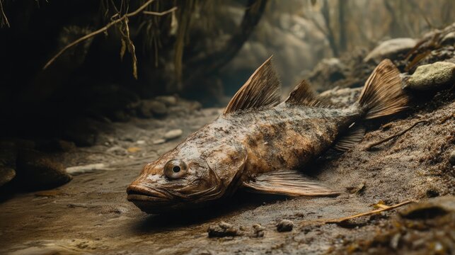 A mottled brown fish rests on a muddy riverbed, amidst shadowed, aquatic vegetation - Powered by Adobe