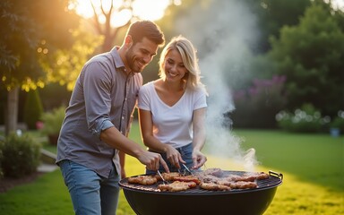 Couple having fun while grilling barbeque in backyard. High quality