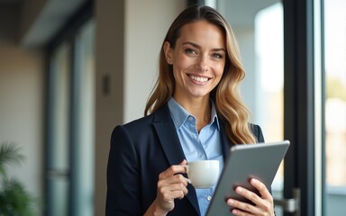 Happy smart casual businesswoman with tablet drinking coffee at office. High quality
